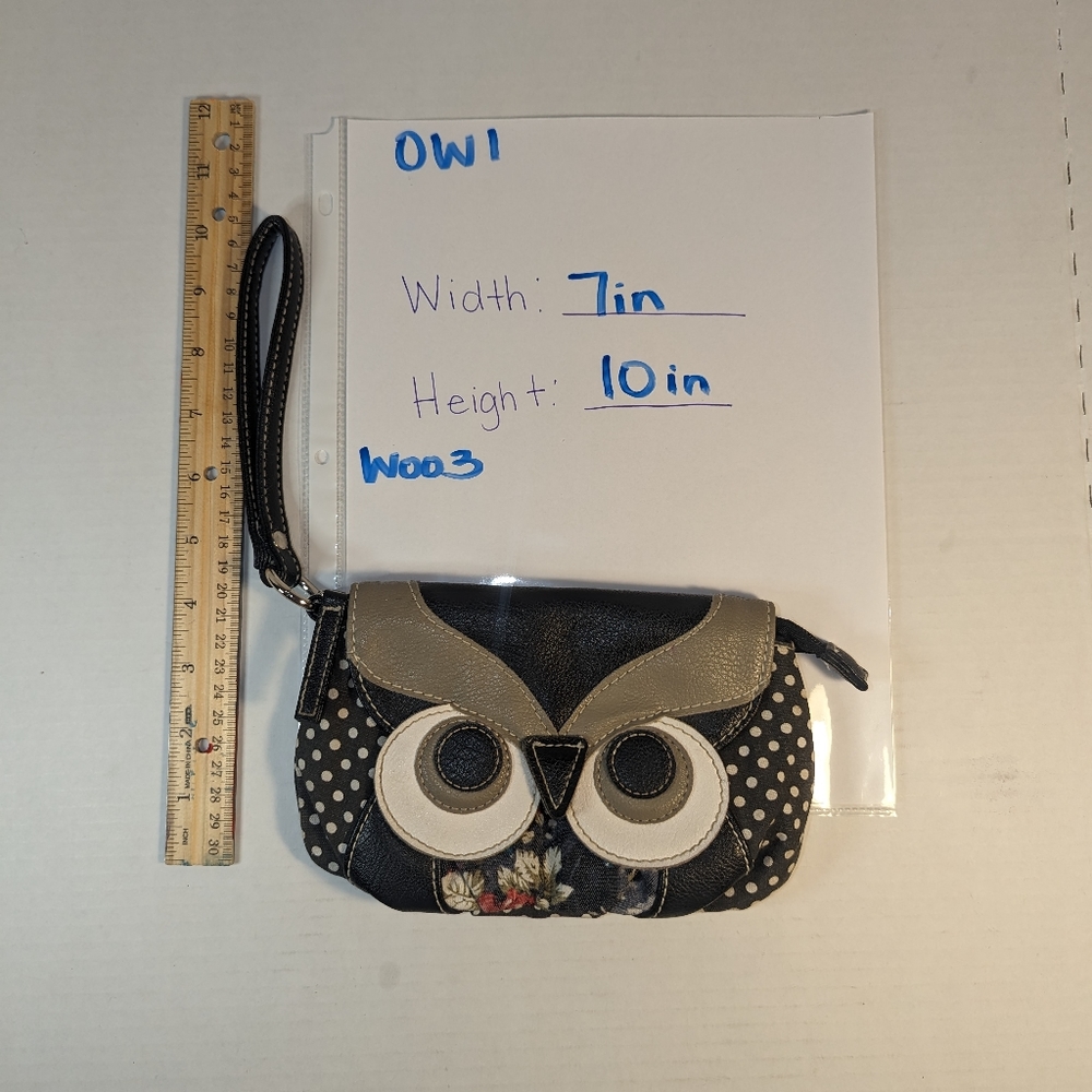 Owl Wristlet Navy Blue White Polka dots Leather Owl zipper pocket coin purse - Picture 11 of 16